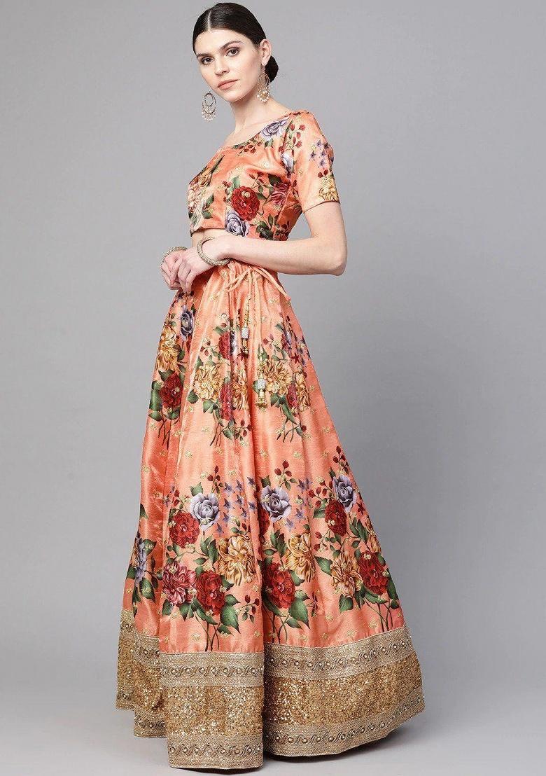Peach Embroidered Silk Lehenga Set - Indya
