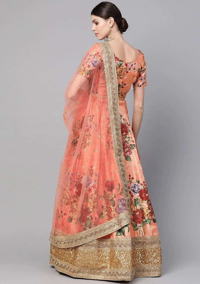 Peach Embroidered Silk Blend Lehenga Set for Diwali and Festive Wear - Indya