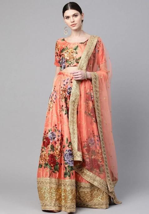 Peach Embroidered Silk Lehenga Set