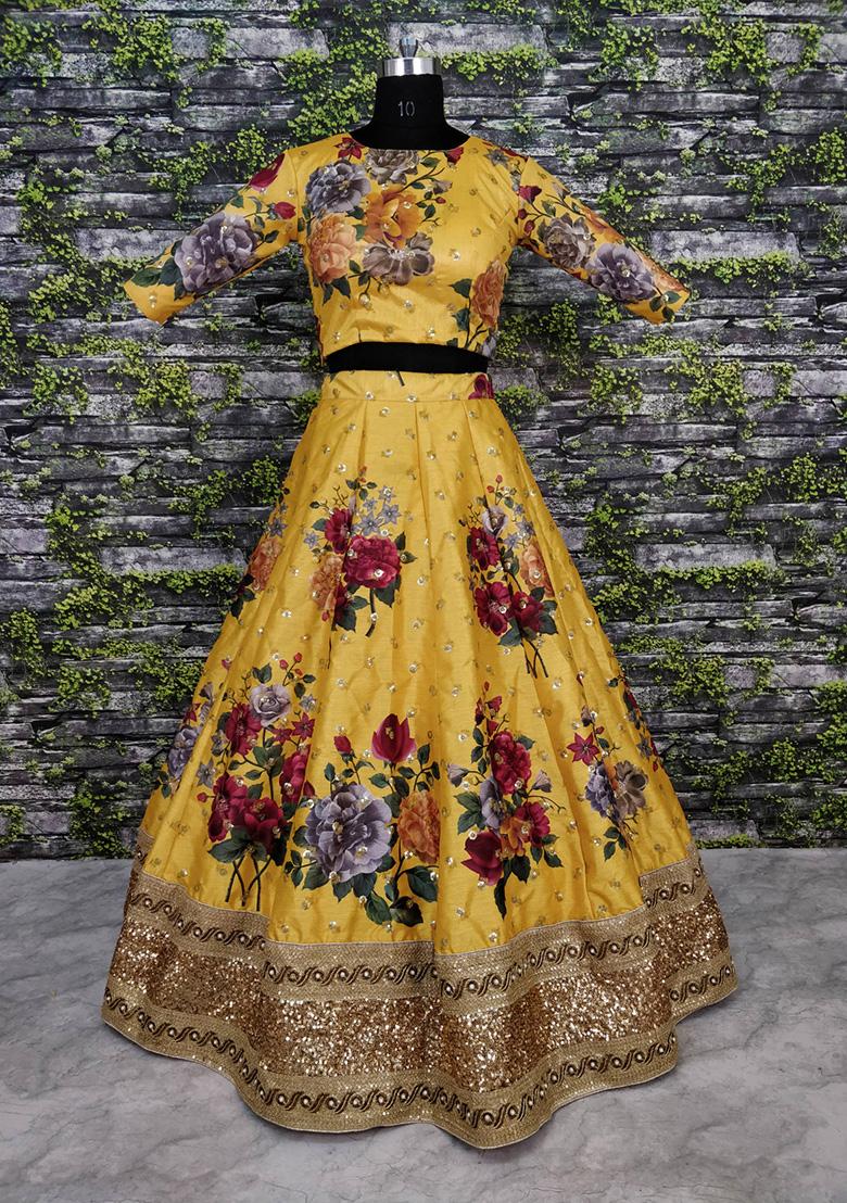 Yellow Embroidered Silk Lehenga Set - Indya