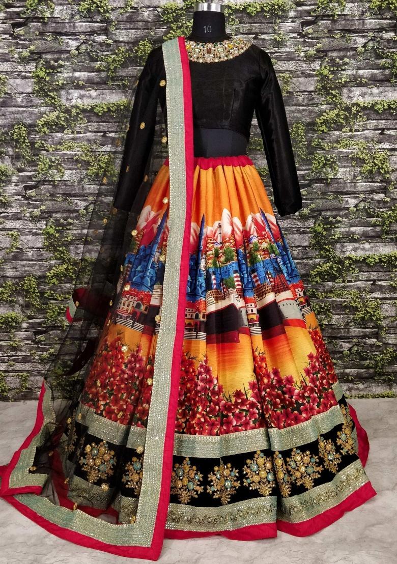 Multicolor Embroidered Silk Lehenga Set - Indya