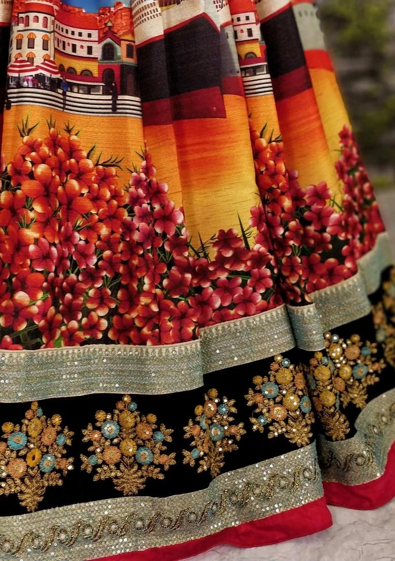 Multicolor Embroidered Silk Lehenga Set - Indya