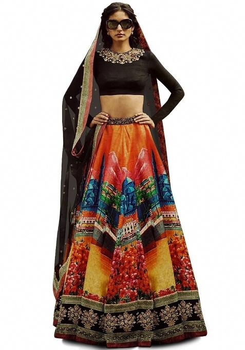 Multicolor Embroidered Silk Lehenga Set