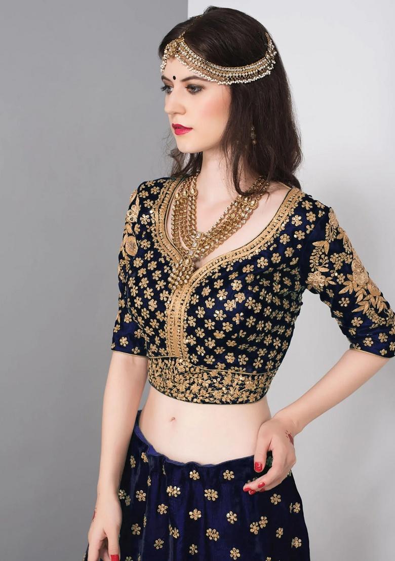 Blue Embroidered Velvet Lehenga Set - Indya