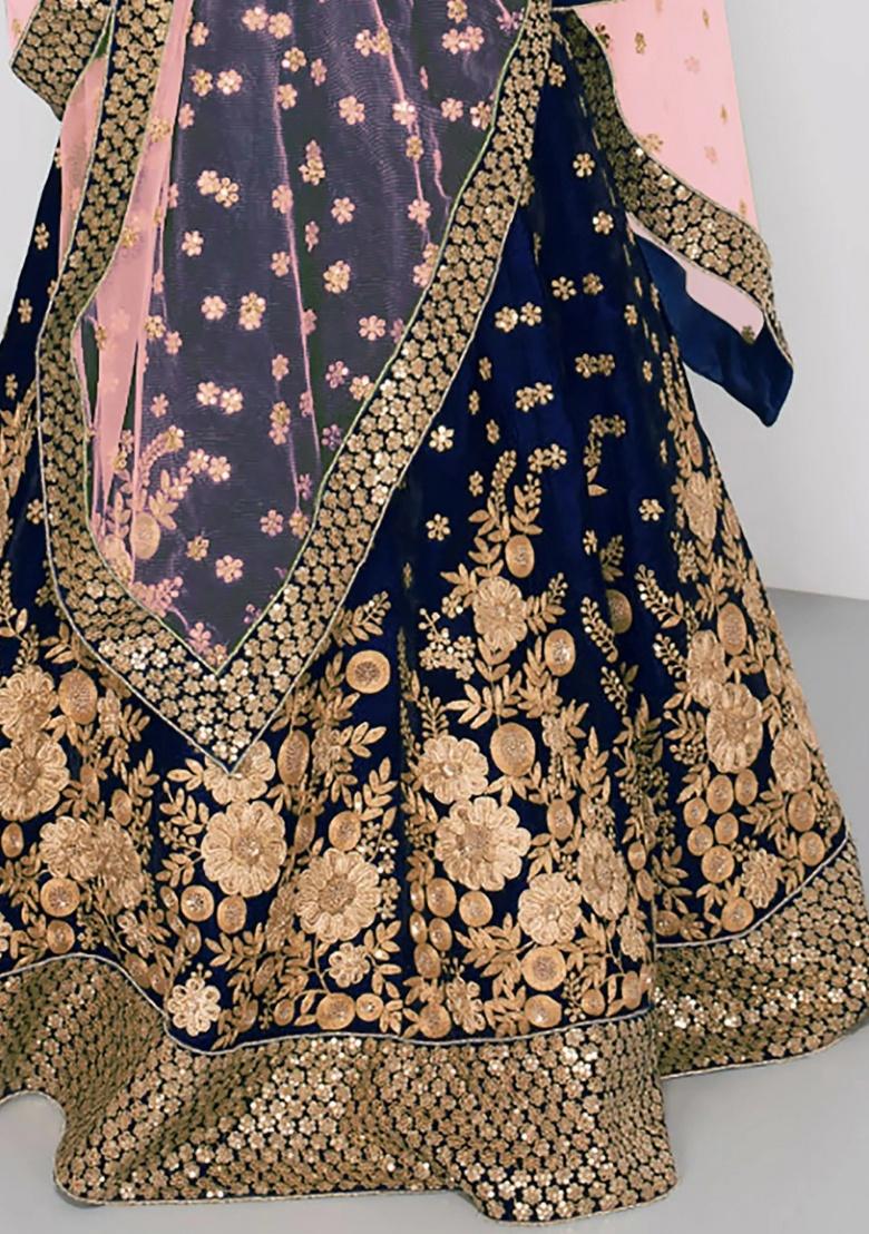 Blue Embroidered Velvet Lehenga Set - Indya