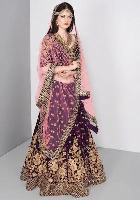 Purple Embroidered Velvet Lehenga Set