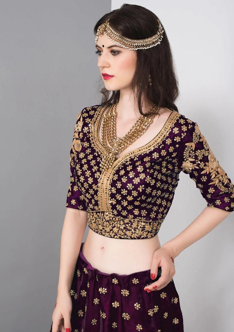 Purple Embroidered Velvet Lehenga Set - Indya