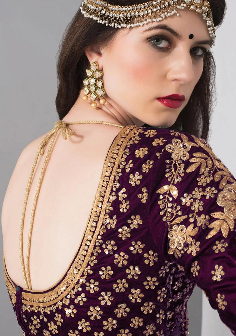 Purple Embroidered Velvet Lehenga Set - Indya