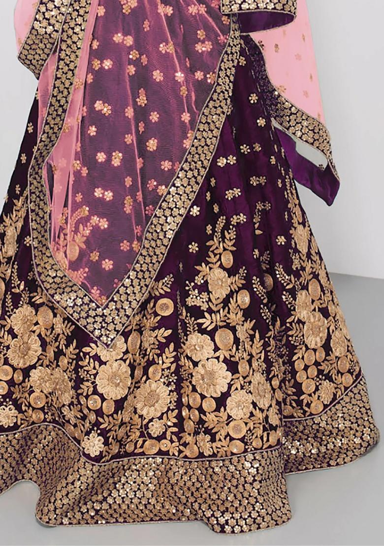 Purple Embroidered Velvet Lehenga Set - Indya