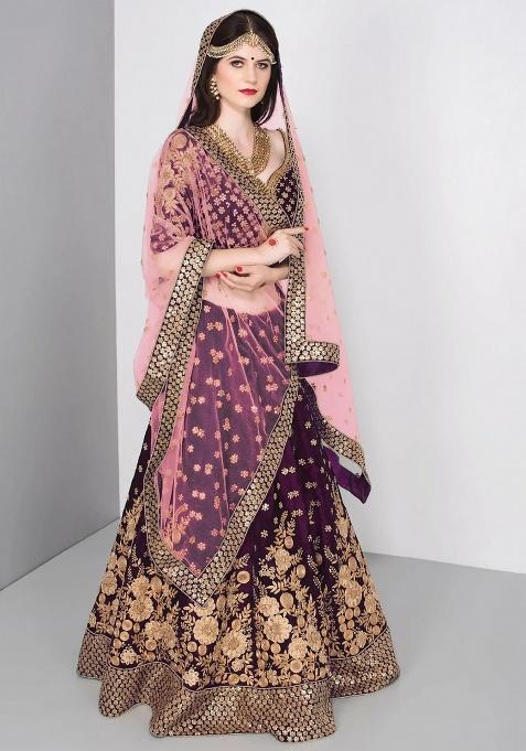 Purple Embroidered Velvet Lehenga Set
