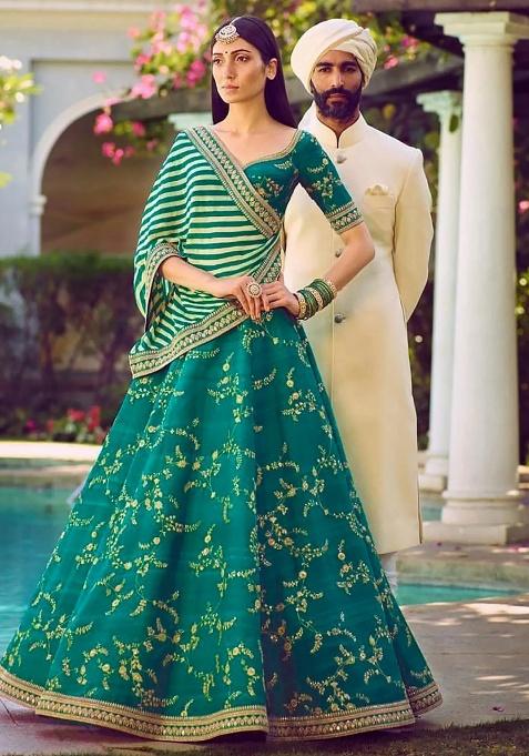 Green Embroidered Silk Lehenga Set