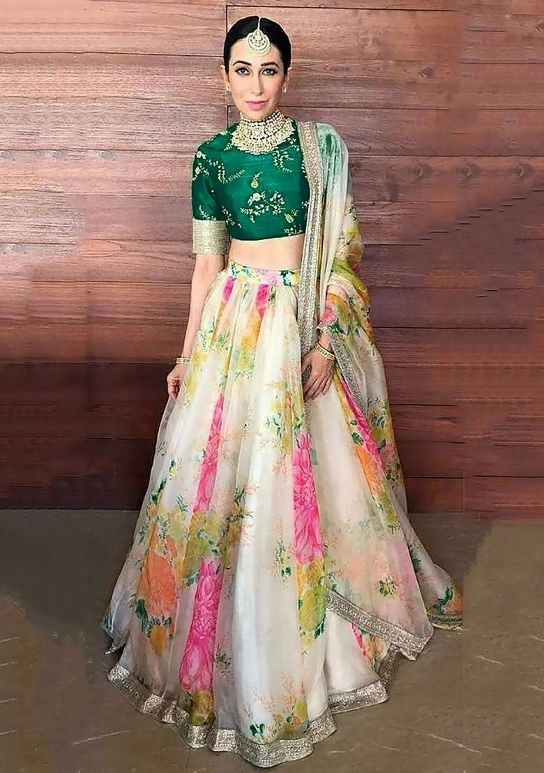 Off White Embroidered Organza Lehenga Set for Diwali and Festive Wear - Indya
