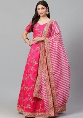Pink Embroidered Silk Lehenga Set