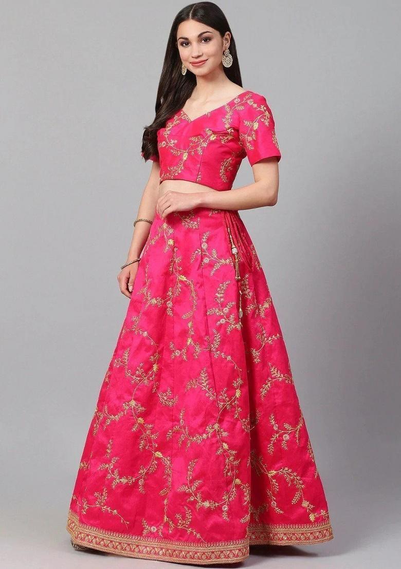 Pink Embroidered Silk Lehenga Set - Indya