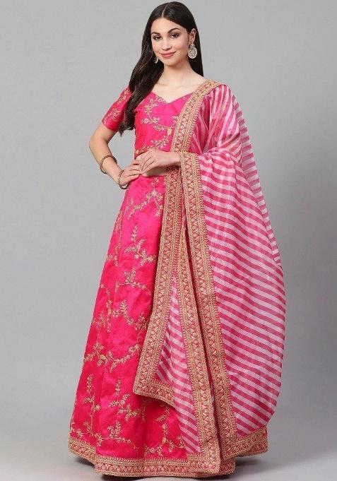 Pink Embroidered Silk Lehenga Set
