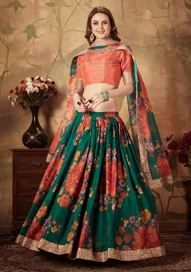 Green Embroidered Organza Lehenga Set for Diwali and Festive Wear - Indya