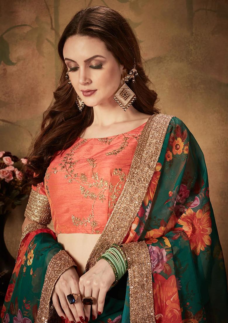 Green Embroidered Organza Lehenga Set - Indya