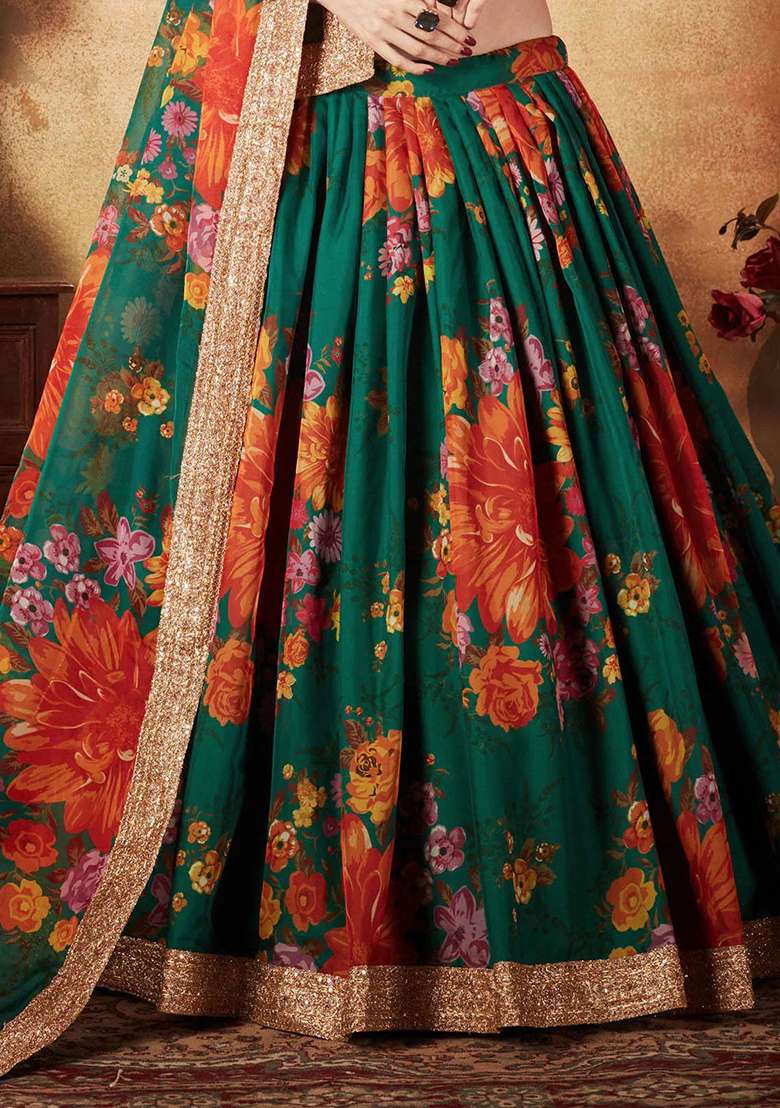 Green Embroidered Organza Lehenga Set for Diwali and Festive Wear - Indya