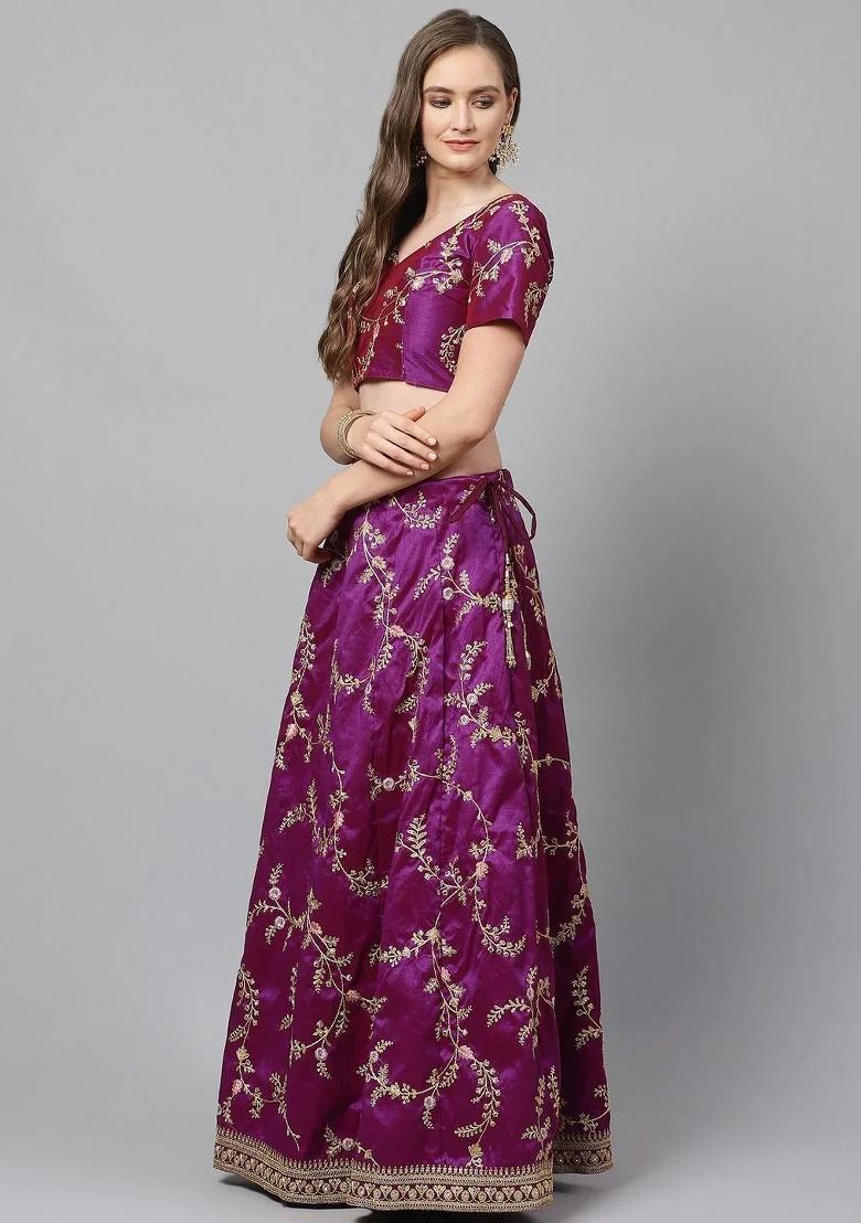 Purple Embroidered Silk Lehenga Set - Indya
