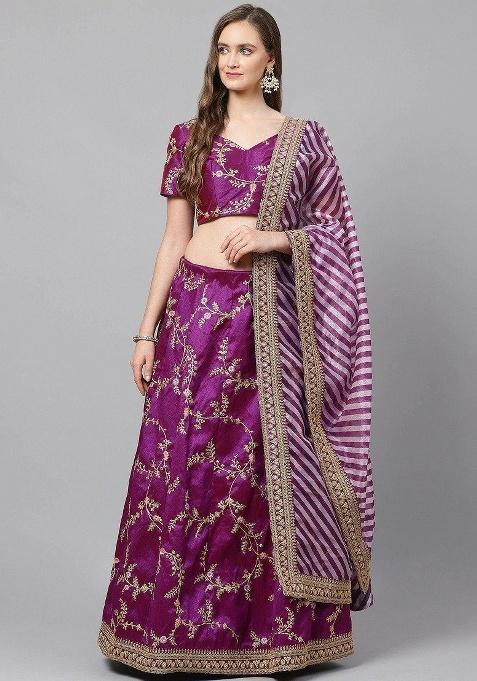 Purple Embroidered Silk Lehenga Set