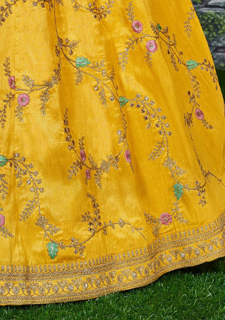 Yellow Embroidered Silk Lehenga Set - Indya