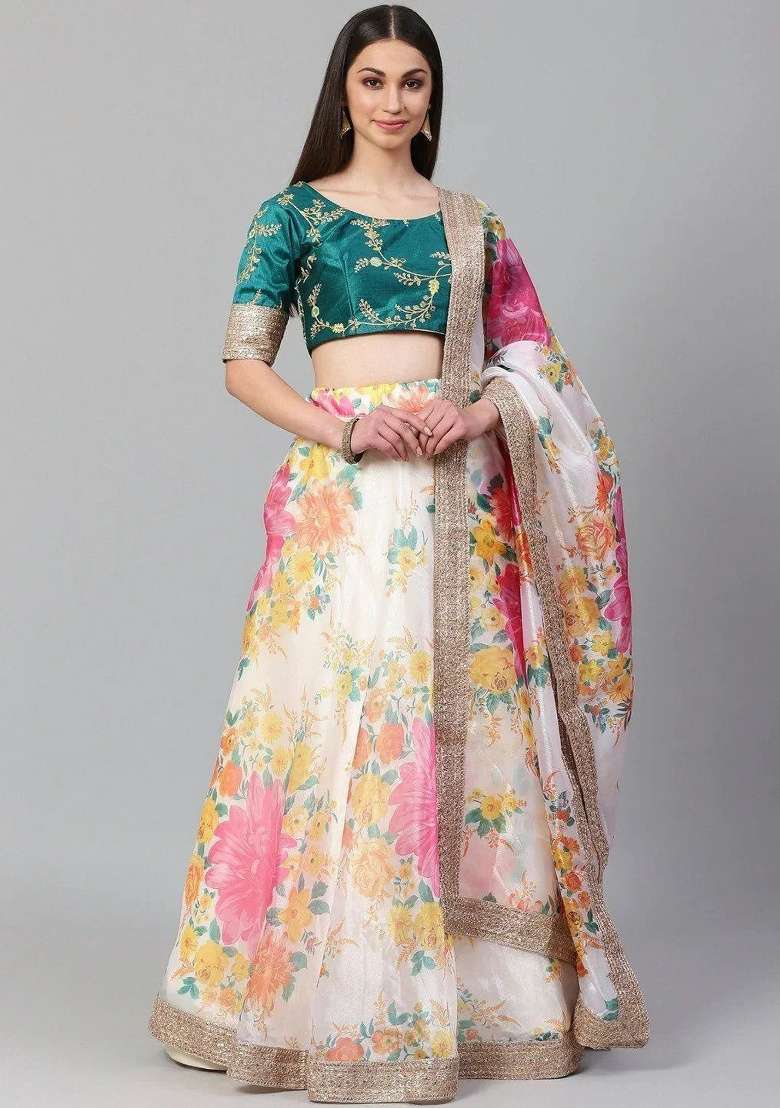 Off White Embroidered Organza Lehenga Set for Diwali and Festive Wear - Indya