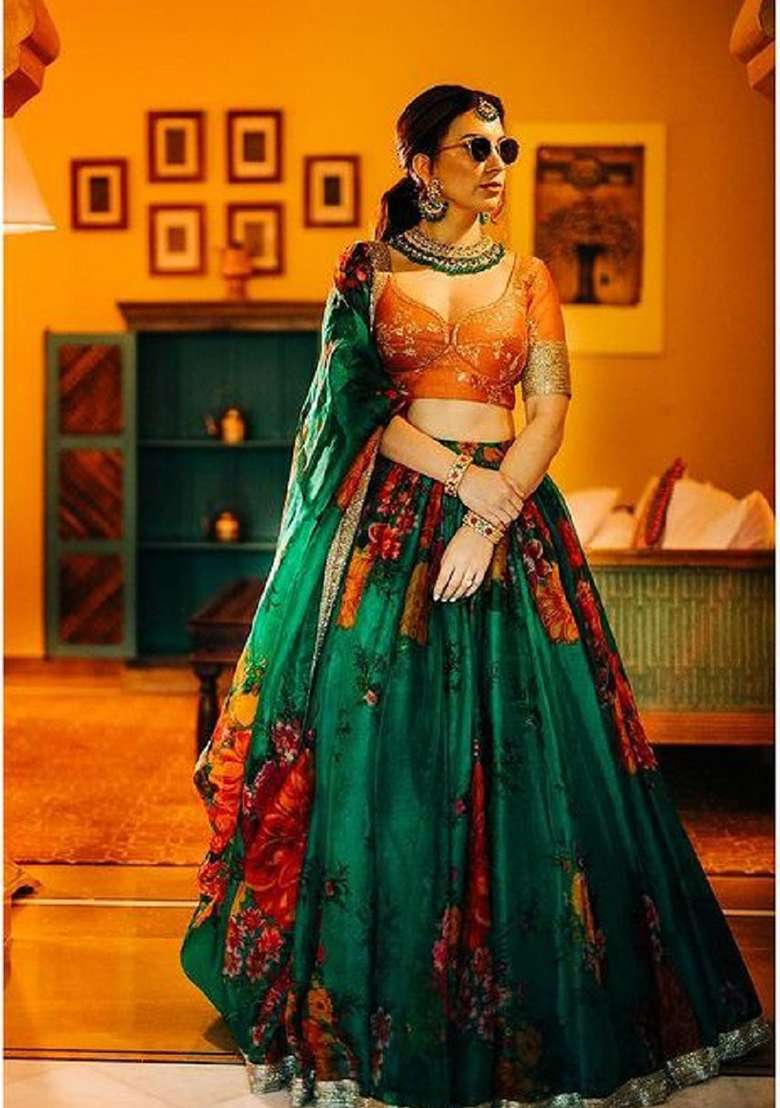 Green Embroidered Organza Lehenga Set for Diwali and Festive Wear - Indya