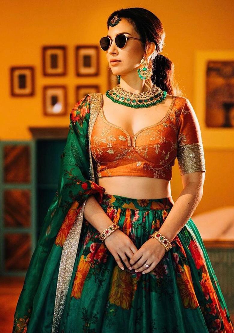 Green Embroidered Organza Lehenga Set - Indya