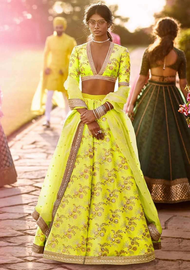 Green Embroidered Silk Blend Lehenga Set - Indya