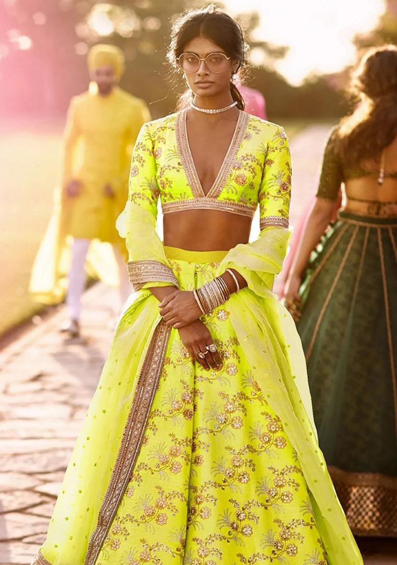 Green Embroidered Silk Lehenga Set - Indya