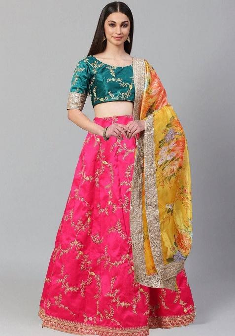 Pink Embroidered Organza Lehenga Set