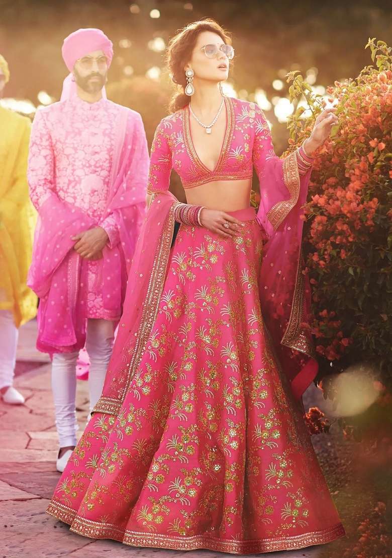 Pink Embroidered Silk Blend Lehenga Set - Indya