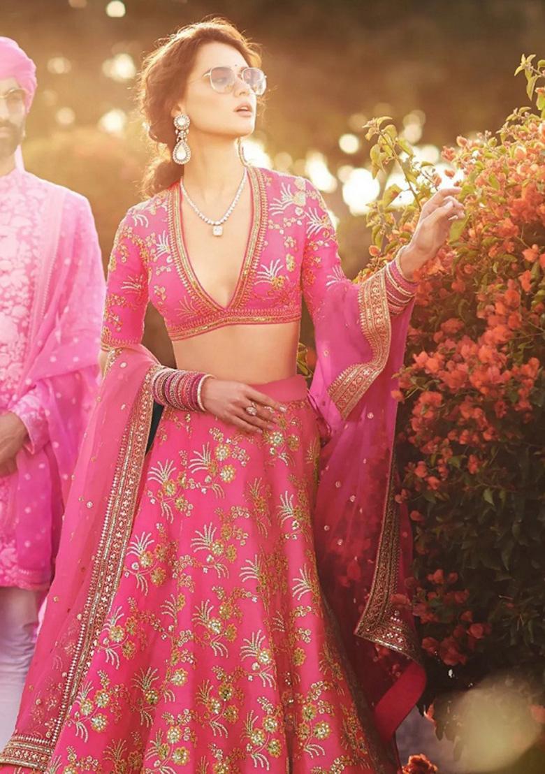 Pink Embroidered Silk Lehenga Set - Indya