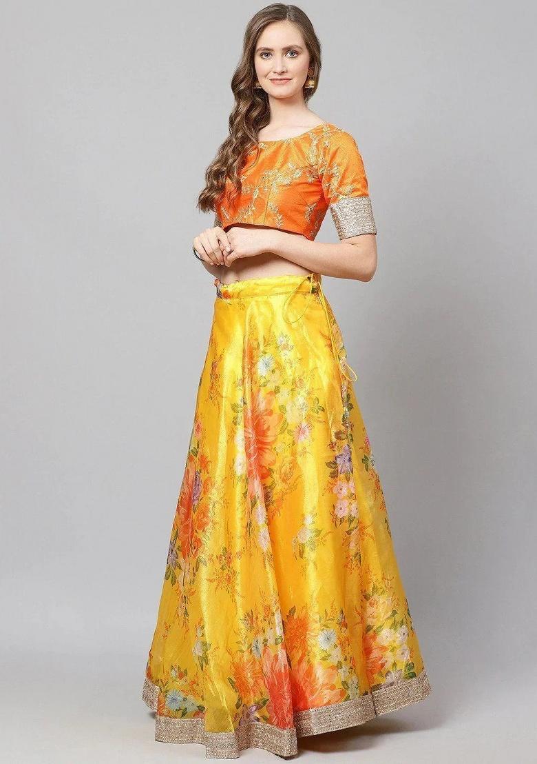 Yellow Embroidered Organza Lehenga Set - Indya