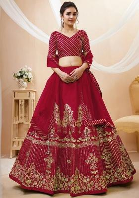 Red Embroidered Silk Lehenga Set