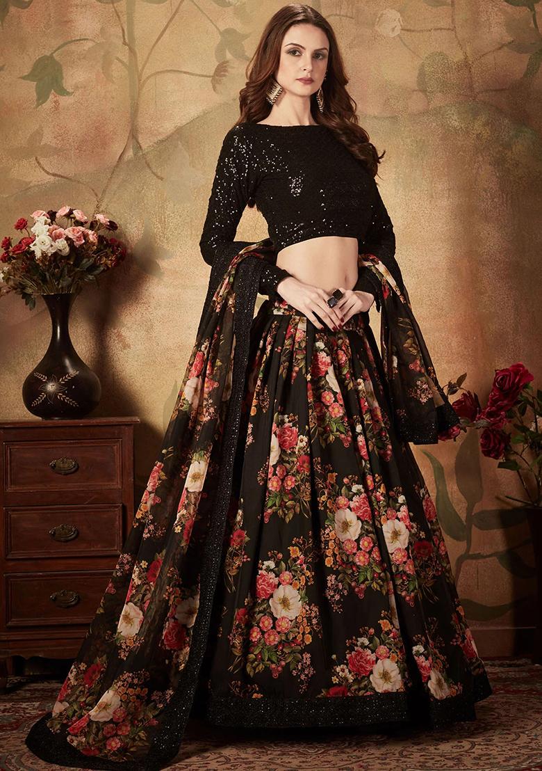 Black Embroidered Organza Lehenga Set - Indya