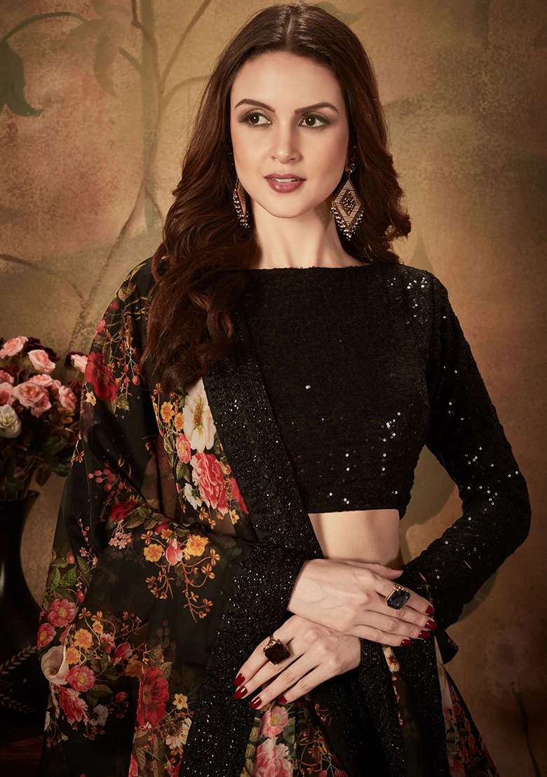 Black Organza Lehenga Set with Embroidered for Diwali | Wedding & Festive Wear - Indya