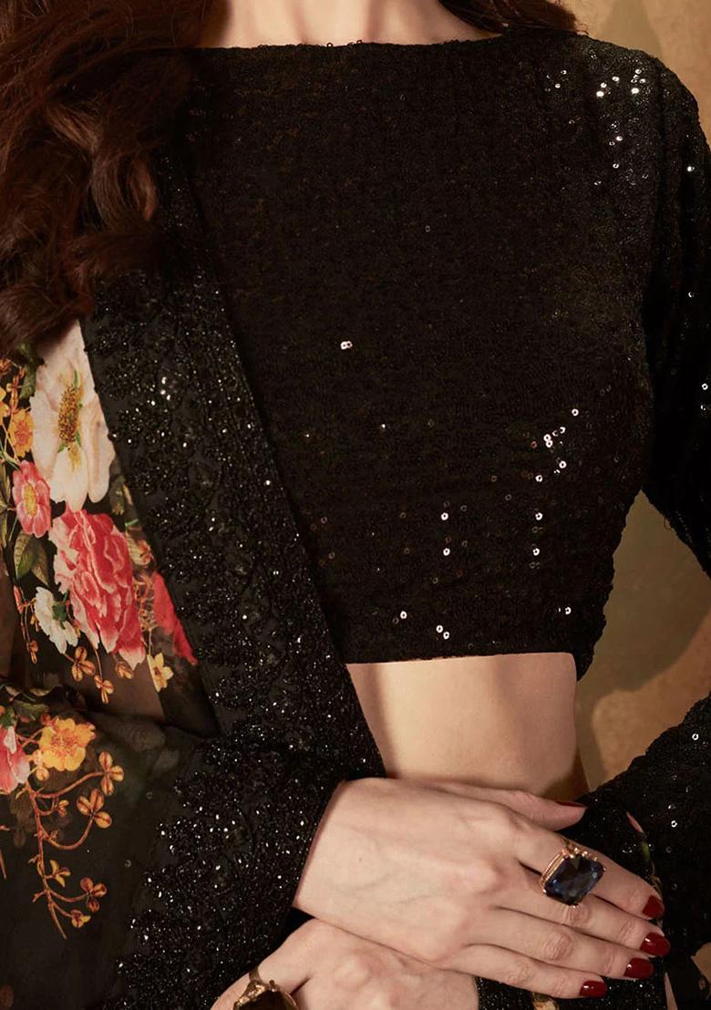 Black Embroidered Organza Lehenga Set - Indya