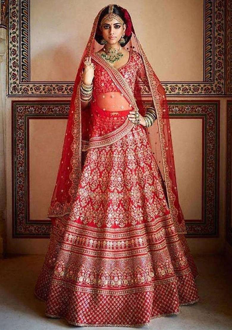 Red Embroidered Silk Blend Lehenga Set - Indya