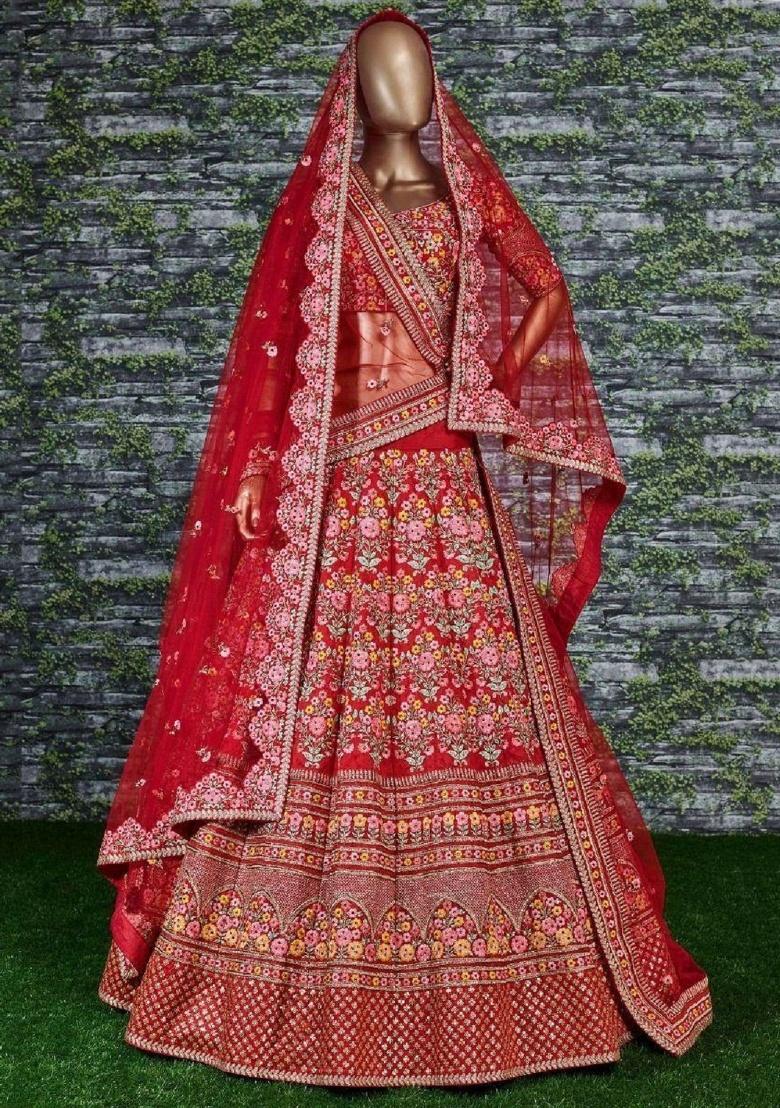 Red Embroidered Silk Lehenga Set - Indya