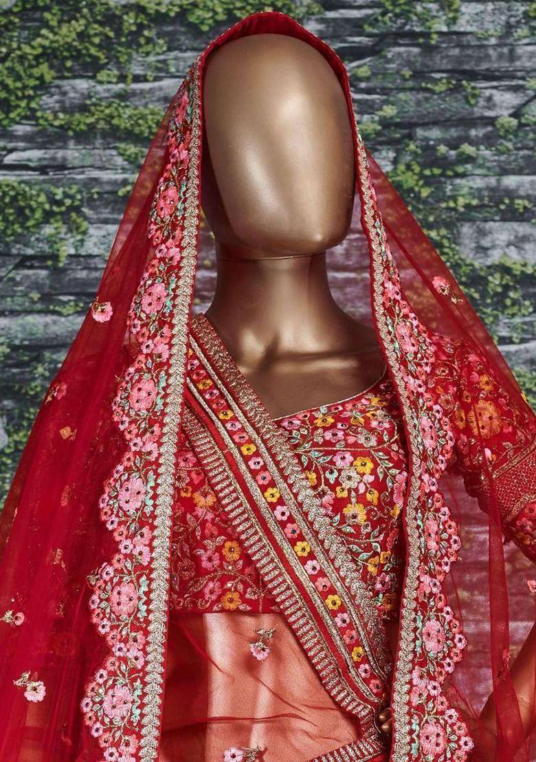 Red Embroidered Silk Blend Lehenga Set - Indya