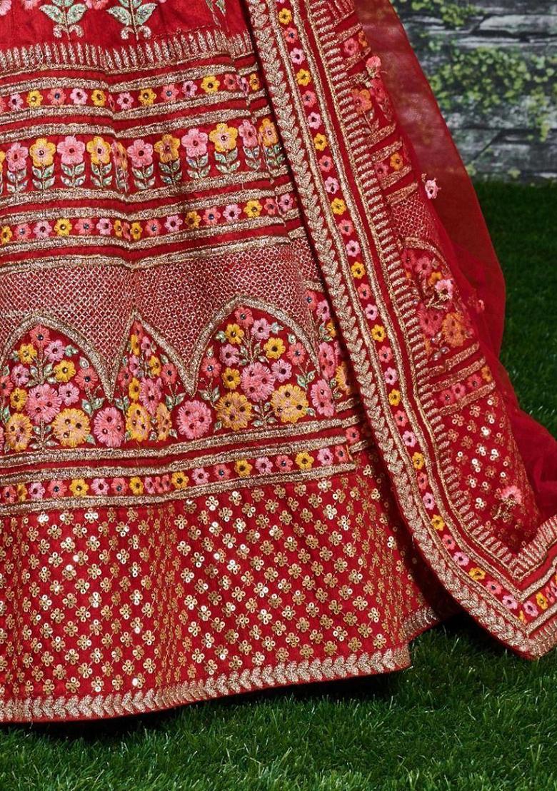 Red Embroidered Silk Lehenga Set - Indya