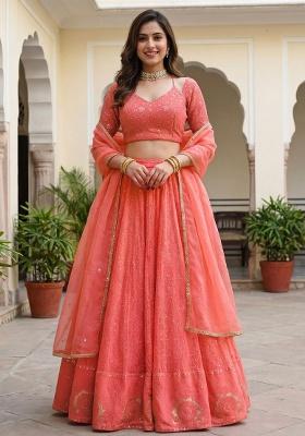 Peach Embroidered Georgette Lehenga Set