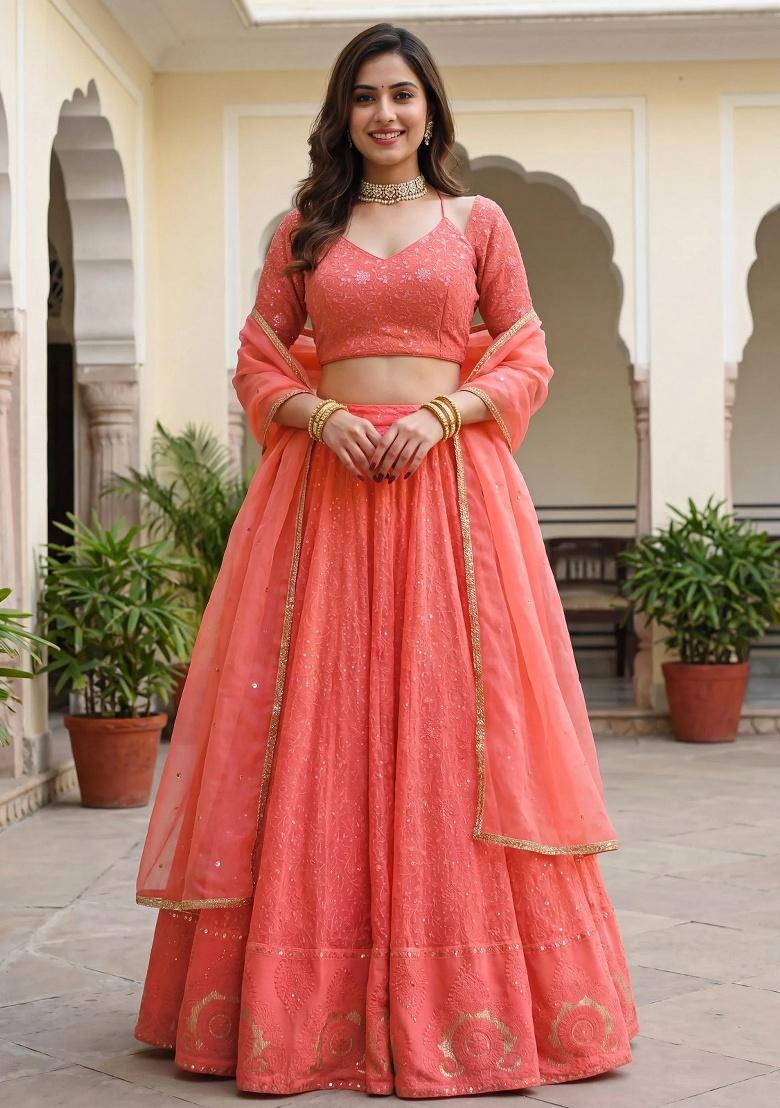 Peach Embroidered Georgette Lehenga Set - Indya