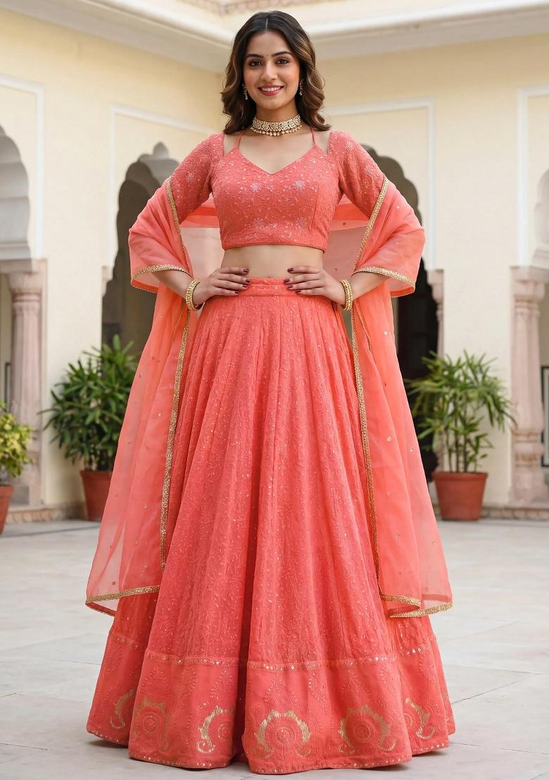 Peach Embroidered Georgette Lehenga Set - Indya