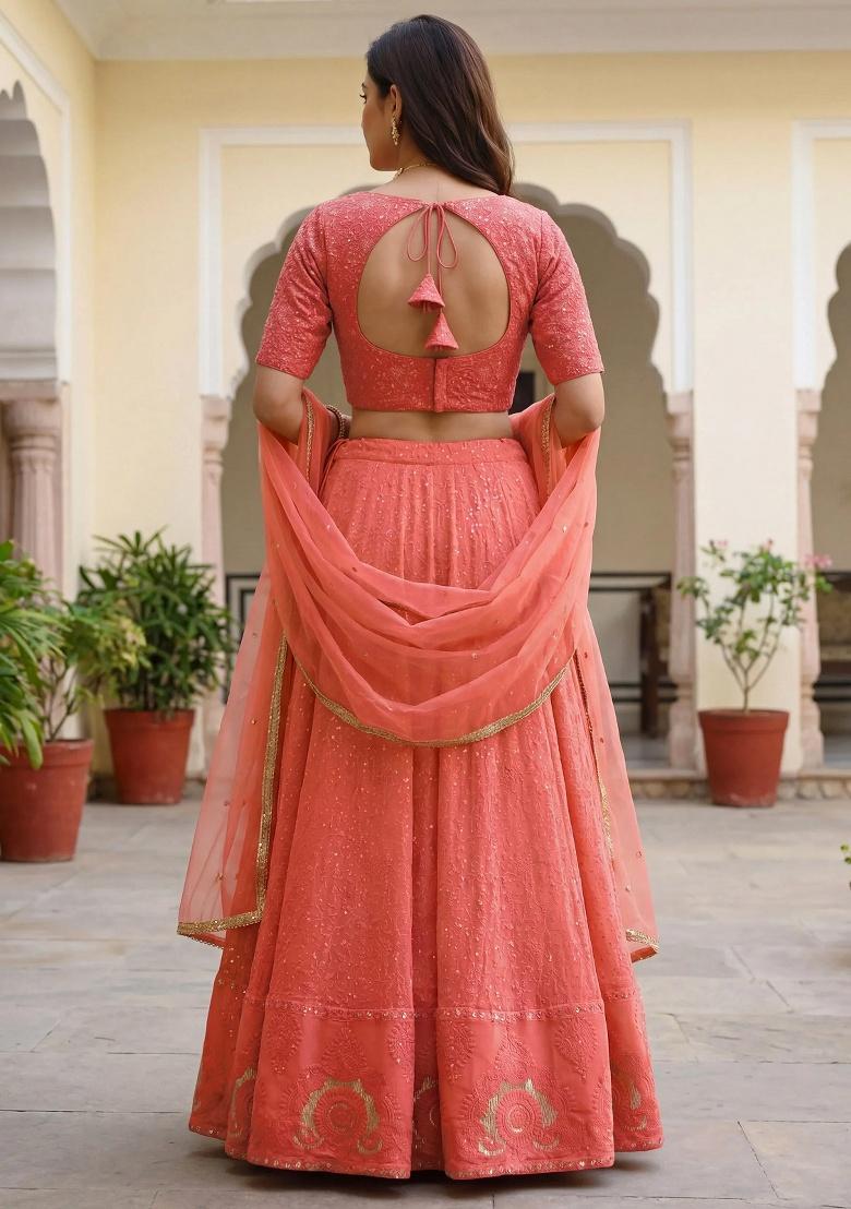 Peach Embroidered Georgette Lehenga Set - Indya