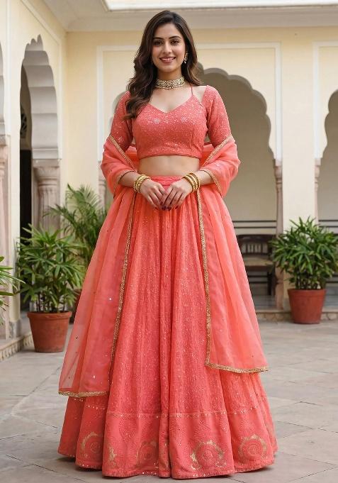 Peach Embroidered Georgette Lehenga Set