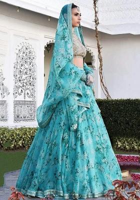 Sky Blue Embroidered Organza Lehenga Set