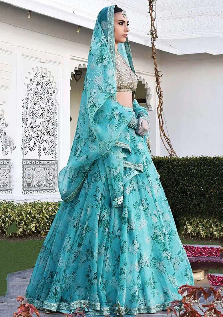 Sky Blue Organza Lehenga Set with Embroidered for Diwali | Wedding & Festive Wear - Indya