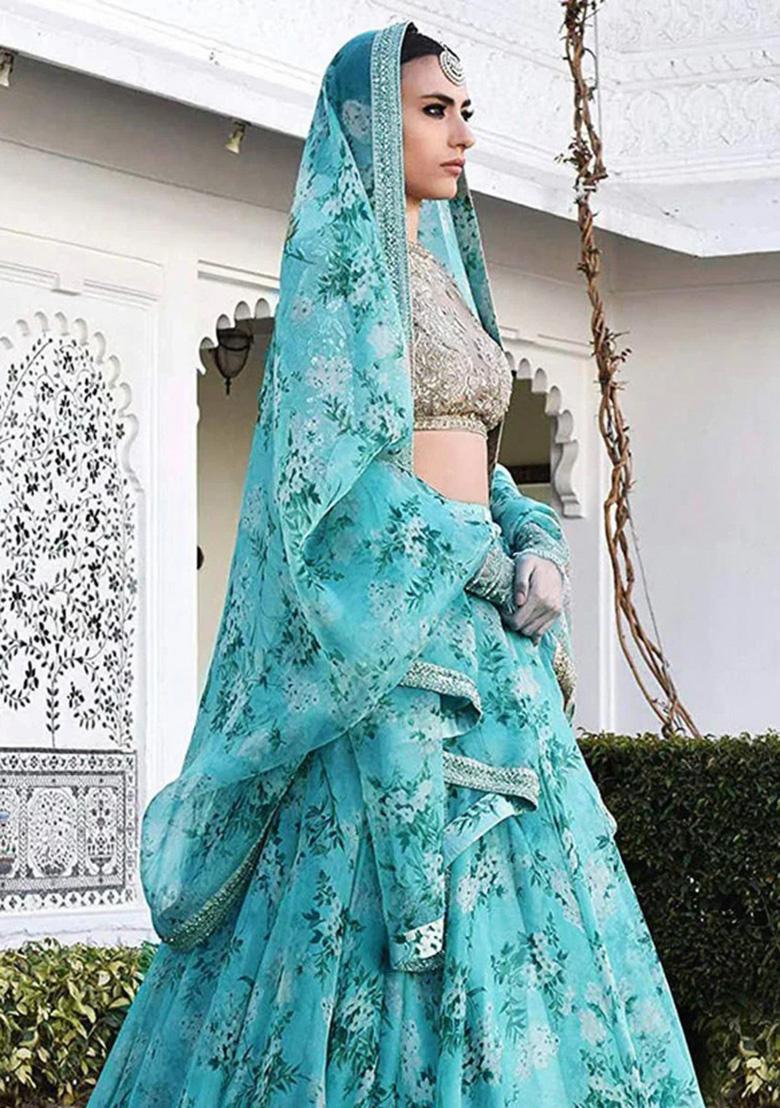 Sky Blue Embroidered Organza Lehenga Set - Indya